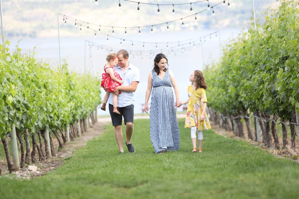 Maternity Portrait of a family wearing red, blue and yellow walking down a Okanagan vineyard row with string lights